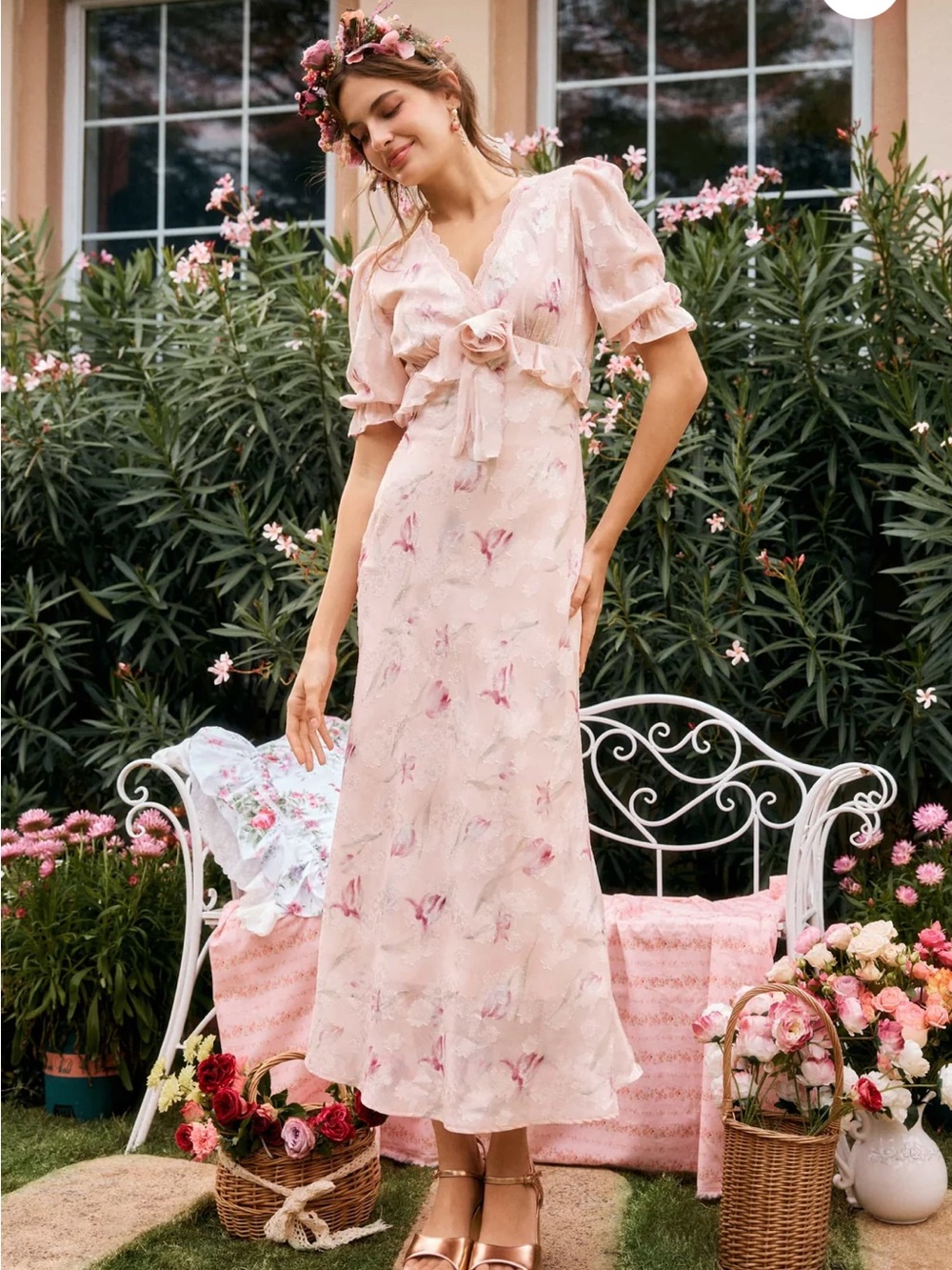 Delicate Pink Floral Ruffle-Trim Maxi Dress